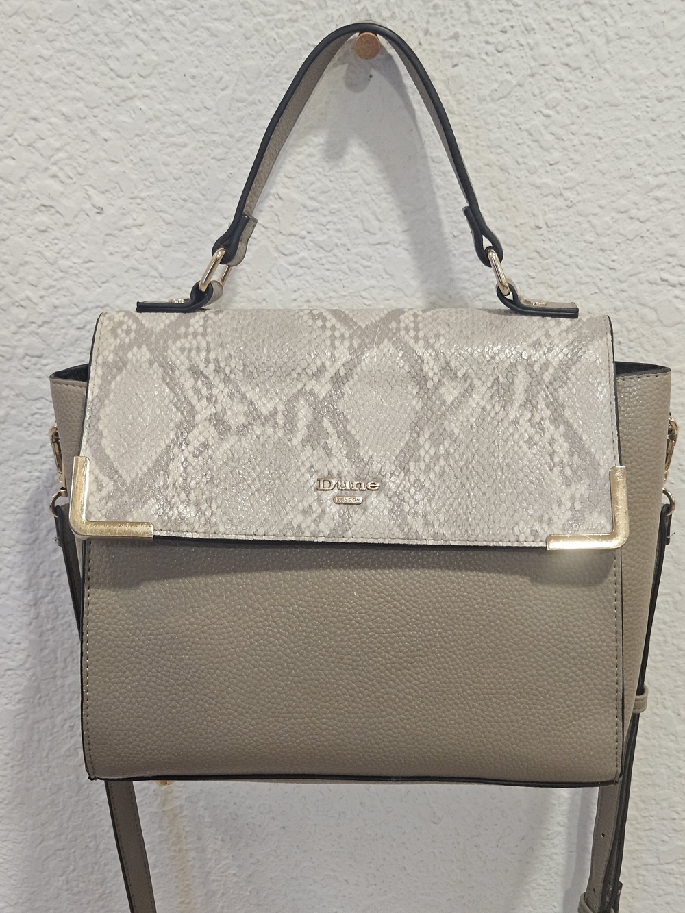 Dune London Crossbody Satchel Bag with Snakeskin Flap & Gold Hardware
